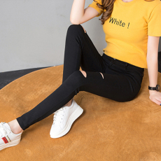 批发5606#实拍 春秋薄款<b class='q'>打底裤</b>女单纽扣<b class='q'>破洞</b>长裤小脚修身铅笔学生女裤