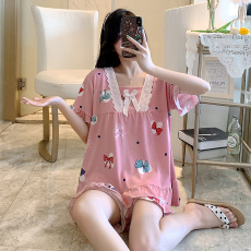 批发爱丽#夏季韩版新款短袖公主风坑条花边甜美<b class='q'>女</b>睡衣家居服<b class='q'>套装</b>直播