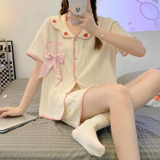 批发2022新款睡衣女夏天皱布甜美宽松大码<b class='q'>婴儿</b>棉家居服套装6701#