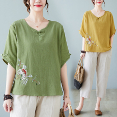 批发实拍洋气棉麻上衣大码女装夏装绣花短袖T恤夏季纯棉套装