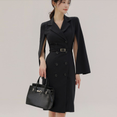 批发2026春秋季新款OL风优雅系带束腰<b class='q'>双排扣</b>修身镂空肩袖连衣裙