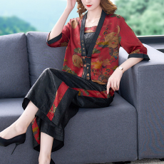 批发2025新款三件套珍珠缎拼接老料龟纹短外套吊带阔腿裤套装