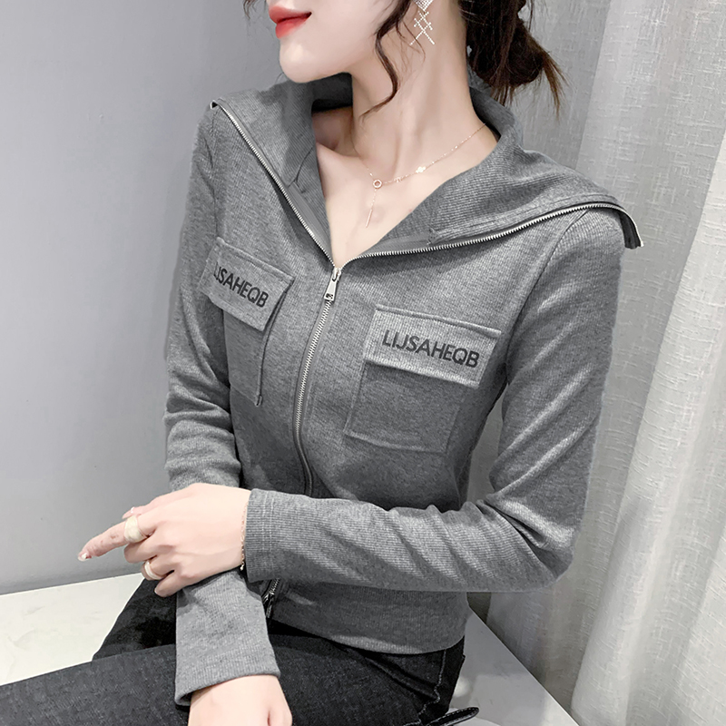 polo 빅 칼라 디자인 센스 티셔츠 오픈 가디건 여성 두꺼운 몸매 가꾸기 쇼트 스타일 긴팔 외국 가스 타이트 재킷 트렌디