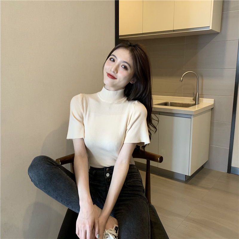 실사 정가 레트로 하프 칼라 Feifei 소매 니트 슬림해 보이는 기본 셔츠 반팔 니트 맨위