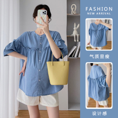 批发实拍 夏季薄款牛仔韩版上衣+托腹裤