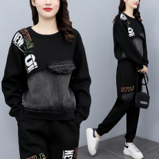 批发实拍 秋季时尚套装女 宽松拼接牛仔印花长袖两件套休闲大码女装