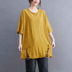 批发实拍文艺大码夏装宽松显瘦短袖T恤胖mm显瘦竹节棉中长款上衣