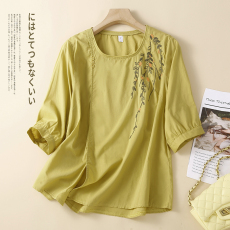 批发实拍七分袖苎麻衬衫女文艺复古棉麻小衫刺绣夏夏新款亚麻上衣<b class='q'>T</b><b class='q'>恤</b>