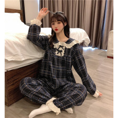 批发实拍甜美格子娃娃领花边蕾丝边家居服<b class='q'>睡衣</b><b class='q'>套装</b>新款长袖三色