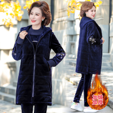 批发金丝绒运动套装女秋<b class='q'>冬</b>新款绣花中长款连帽开衫加绒加厚卫衣三件套