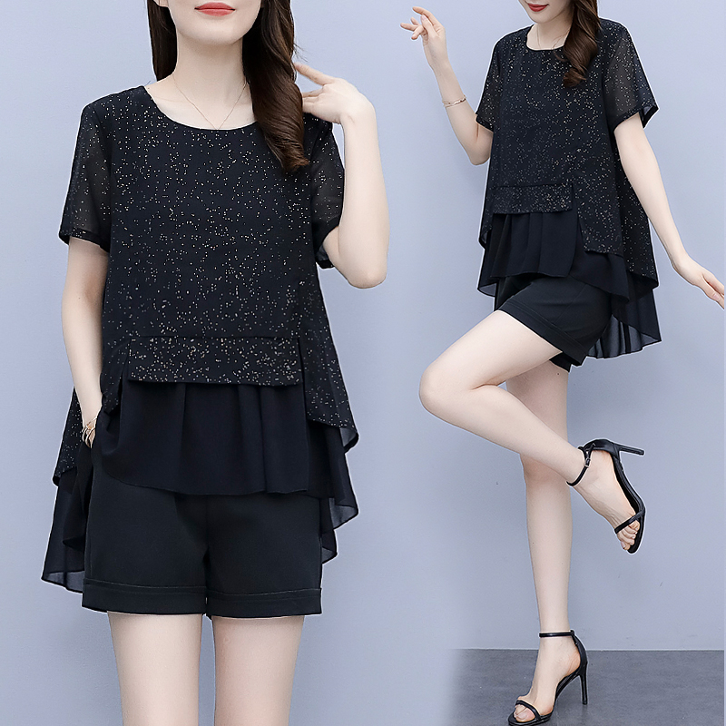 MY3732# 大码女装短袖套装夏装新款胖MM宽松显瘦雪纺上衣短裤两件套女女裝貨源服裝批發