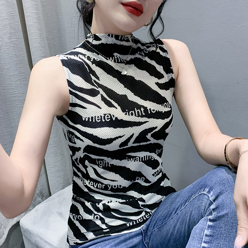 2026 봄 가을 새로운 패션 프린트 알파벳 민소매 반하이넥 티셔츠 여성 몸매 가꾸기 품격 맨위 슬림해 보이는 여성