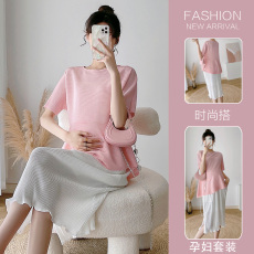 实拍+视频 韩版名媛风孕妇装上衣短袖+托腹半身裙孕妇套装