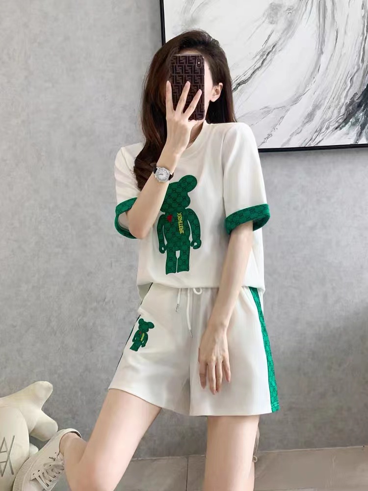 RY7409# 时尚小熊运动套装女夏季薄款2025新款炸街白色短袖短裤休闲...