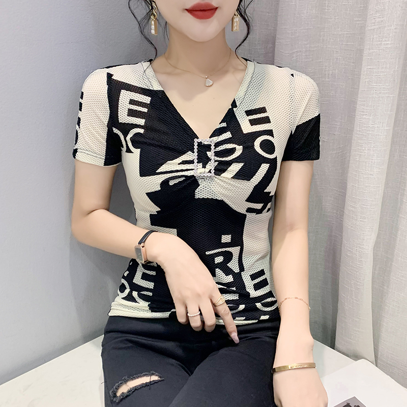 FA21228# 夏季网纱印花设计感短袖烫钻镂空显瘦T恤女时尚小衫镶钻方扣服裝批發女裝批發服飾貨源