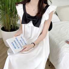 批发实拍睡裙可爱蝴蝶结甜美圆领无袖少女吊带长裙纯色夏季睡衣