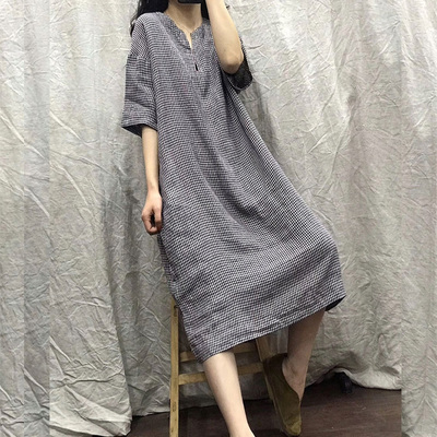 2026 새로운 면 린넨 체크무늬 드레스 지방 mm 빅 사이즈 여성 의류 반팔 V넥 중간 길이 한 마디 치마