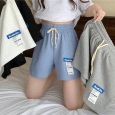 批发实拍华夫格高腰阔腿休闲短裤女夏季<b class='q'>韩版</b>百搭宽松抽绳<b class='q'>运动</b>热裤