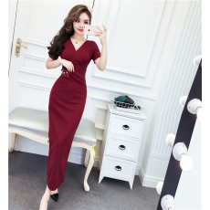 批发实拍2026夏v领短袖<b class='q'>钉珠</b>礼服长裙时尚名媛气质显瘦包臀<b class='q'>连衣裙</b>