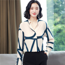 批发长袖真丝上衣女2025春秋新款设计感小众几何印花百搭气质女士衬衫