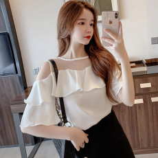 批发实拍圆领纯色网纱雪纺<b class='q'>衫</b>短<b class='q'>袖</b>五分<b class='q'>袖</b>宽松<b class='q'>上衣</b>女夏超仙洋气小衫