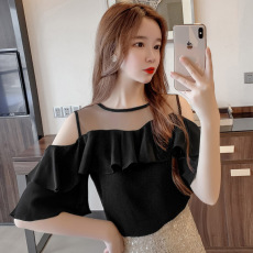 批发实拍圆领纯色网纱雪纺<b class='q'>衫</b>短<b class='q'>袖</b>五分<b class='q'>袖</b>宽松<b class='q'>上衣</b>女夏超仙洋气小衫