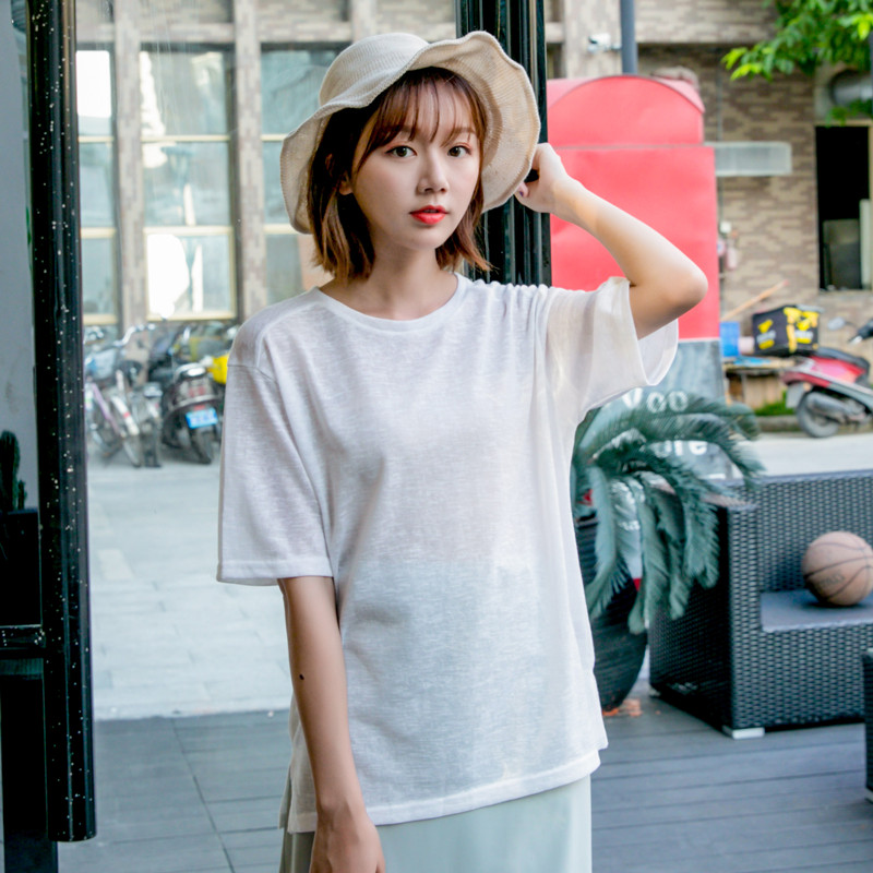 실사 ins 특색있는 대나무 마디 면 티셔츠 여성 한국 스타일 루즈핏 슬림해 보이는 다용도 통기성 트임 반팔 기본 셔츠 여름
