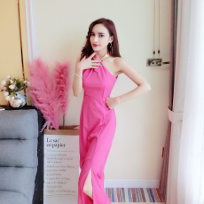 批发模特实拍晚礼服长款挂脖露背礼服年会修身开叉晚装小礼服裙