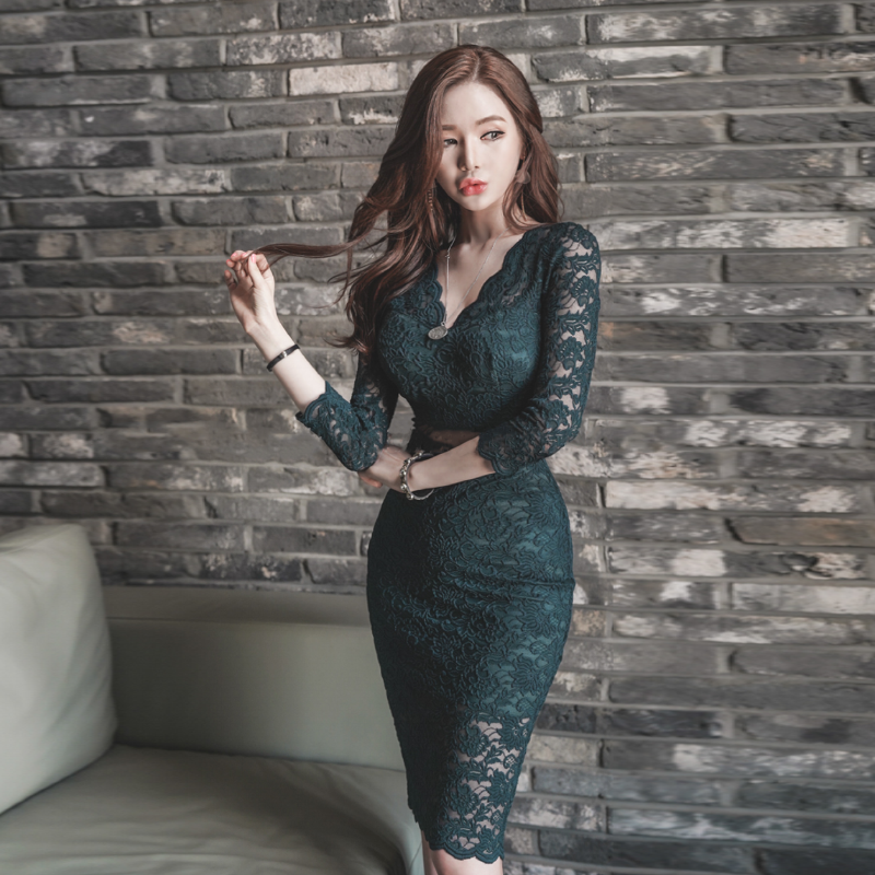 FA14826# 春季气质韩版性感连衣裙蕾丝露腰大v领修身裙女 服裝批發女裝批發服飾貨源