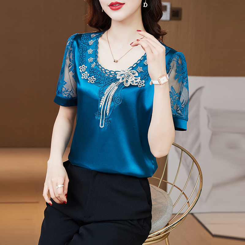 MY1099# 夏季新款弹力缎面蕾丝拼接内搭外穿短袖女女裝貨源服裝批發