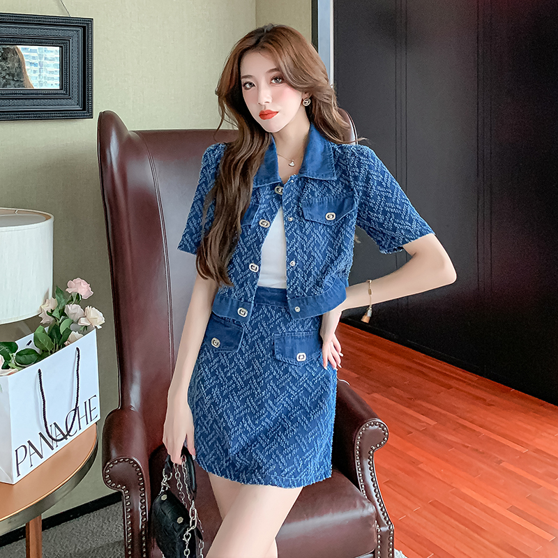 MY9616# 夏季时髦炸街高端牛仔上衣包臀短裙套装两件套女裝貨源服裝批發
