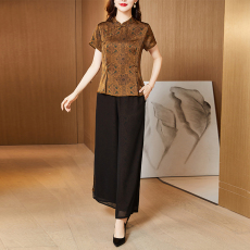 批发实拍气质雪纺两件套2022夏季新款复古盘扣上衣高腰雪纺阔腿裤