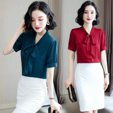 批发实拍<b class='q'>真丝</b><b class='q'>衬衫</b>女夏短袖2026新款时尚洋气蝴蝶结领桑蚕丝上衣工作服