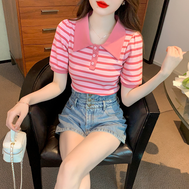 2026 년 여름 새로운 스트라이프 프린트 POLO 칼라 반팔 티셔츠 여성 의류 여름 섹션 외국 가스 다용도 작은 셔츠 맨위
