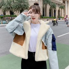 批发关晓彤同款设计感小众宽松短款皮毛一体麂皮绒羊羔毛<b class='q'>牛仔</b>外套女秋