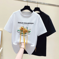 批发2022春秋新款纯棉T恤圆领重工3D烫图钉钻绑带鞋子宽松短袖<b class='q'>上衣</b>女