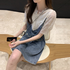 批发蕾丝<b class='q'>钉珠</b>拼接牛仔<b class='q'>连衣裙</b>女欧洲站2022夏新款欧货复古宽松显瘦裙子