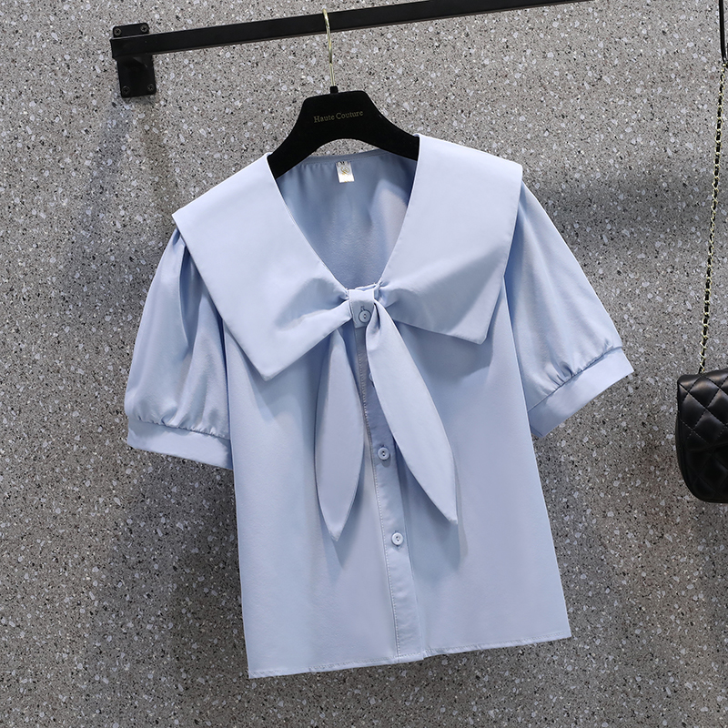 실사 베이비 칼라 셔츠 디자인 센스 작은 대중 셔츠 지방 mm 프랑스식 Chic 나비 매듭 맨위 m-4xl200 근