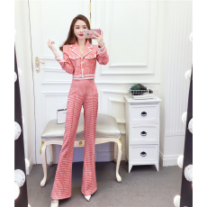 批发实拍时尚洋气<b class='q'>格子</b>撞色单排扣鹿皮绒上衣修身长<b class='q'>裤</b>套装