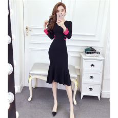 批发实拍2025秋冬时尚名媛气质拼色v领礼服中长鱼尾包臀<b class='q'>连衣裙</b>