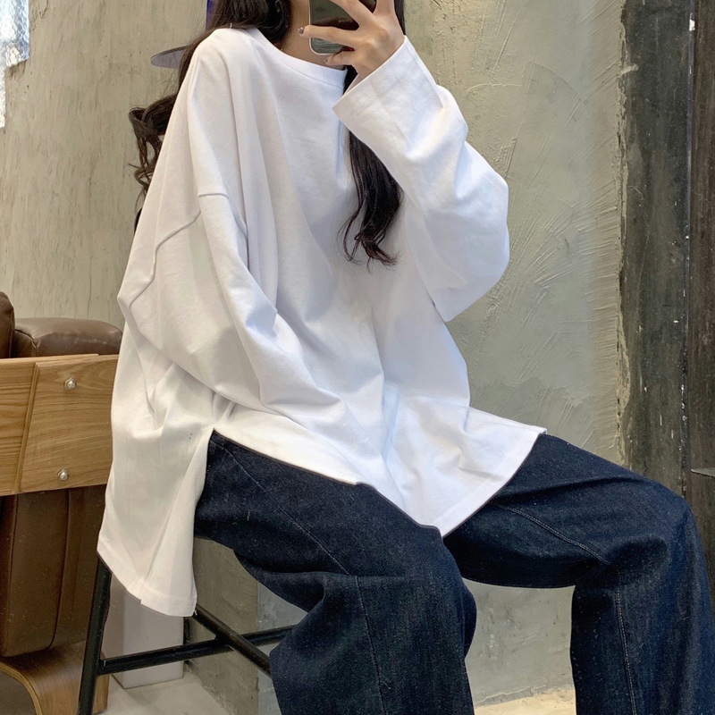 있음 선적 대외 무역 얇은 스타일 트임 긴팔 티셔츠 여성 패션 기본 셔츠 한국 스타일 트렌디 학생 외출용 루즈핏 맨위