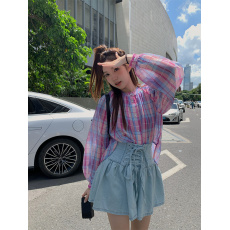 批发实拍实价~韩版时尚格子衬衫夏季女减龄休闲开衫抽绳牛仔两件套