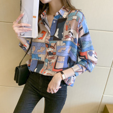 批发实拍洋气休闲春季新款女装翻领卡通雪纺衫上衣开衫衬衫打底衫衬衣