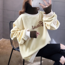 批发实拍250克大卫衣秋冬2021假两件字母刺绣加绒高领卫衣女