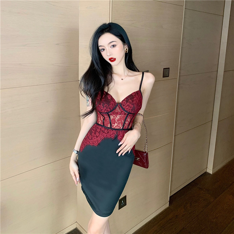 FA25512# 时尚性感吊带蕾丝花边收腰显瘦连衣裙 服裝批發女裝批發服飾貨源