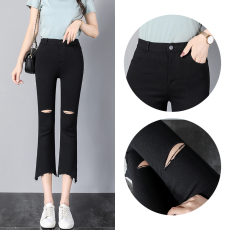 批发5561#实拍 夏季薄款八分<b class='q'>破洞</b>不规则微喇叭毛边修身黑色<b class='q'>打底裤</b>外穿