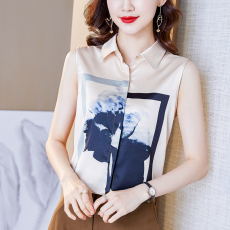 批发实拍2026高端缎面新款仿<b class='q'>真丝</b>水墨画女<b class='q'>背心</b>衬衫无袖宽松上衣