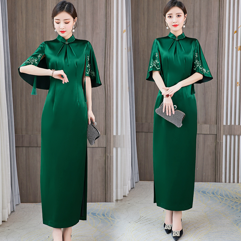 MY249#中式优雅旗袍裙连肩斗篷式时尚新品绣花长款宴会礼服女裝貨源服裝批發