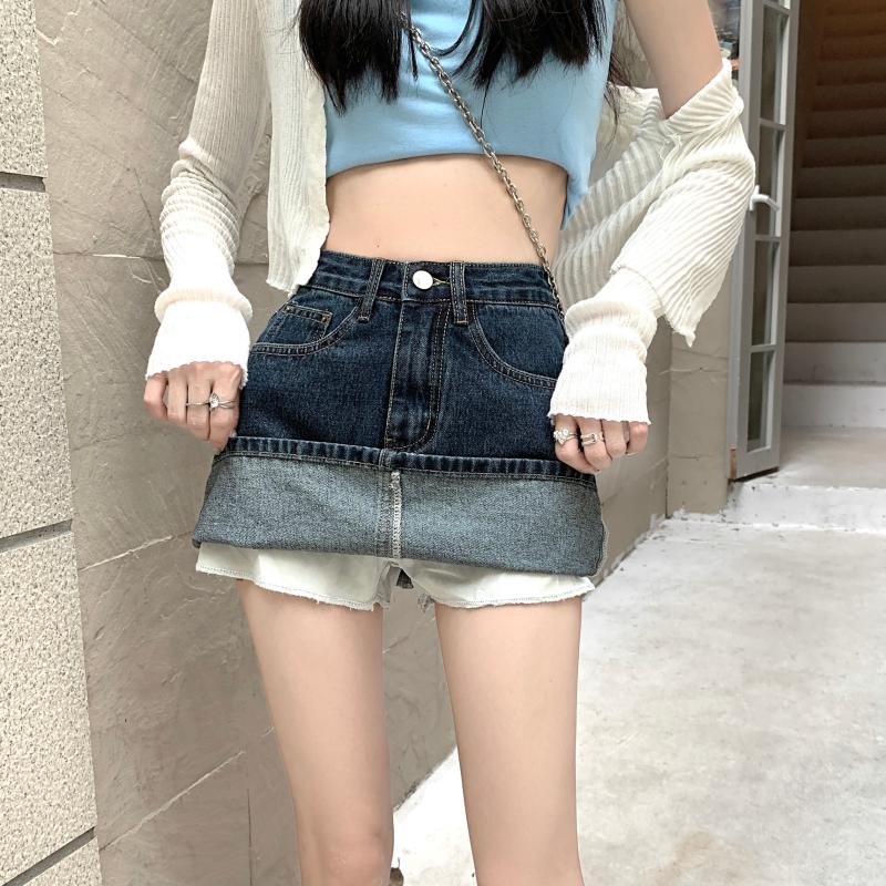 실사 2026 아모이 레트로 타이트 스커트 데님 미니 스커트 하이웨이스트 슬림해 보이는 A라인 스커트 여성 작은 키 노출 방지 치마바지