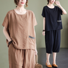 批发实拍2026夏季棉麻显瘦遮肉两件套宽松休闲上衣加七分<b class='q'>哈伦</b>裤